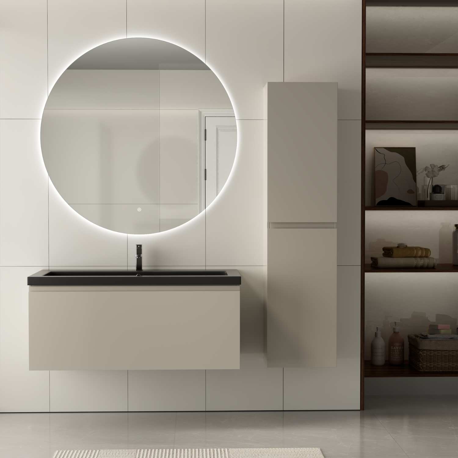 Badmöbelset SORRENTO 100 cm - Mit Hochschrank - Greige - Waschbecken Schwarz