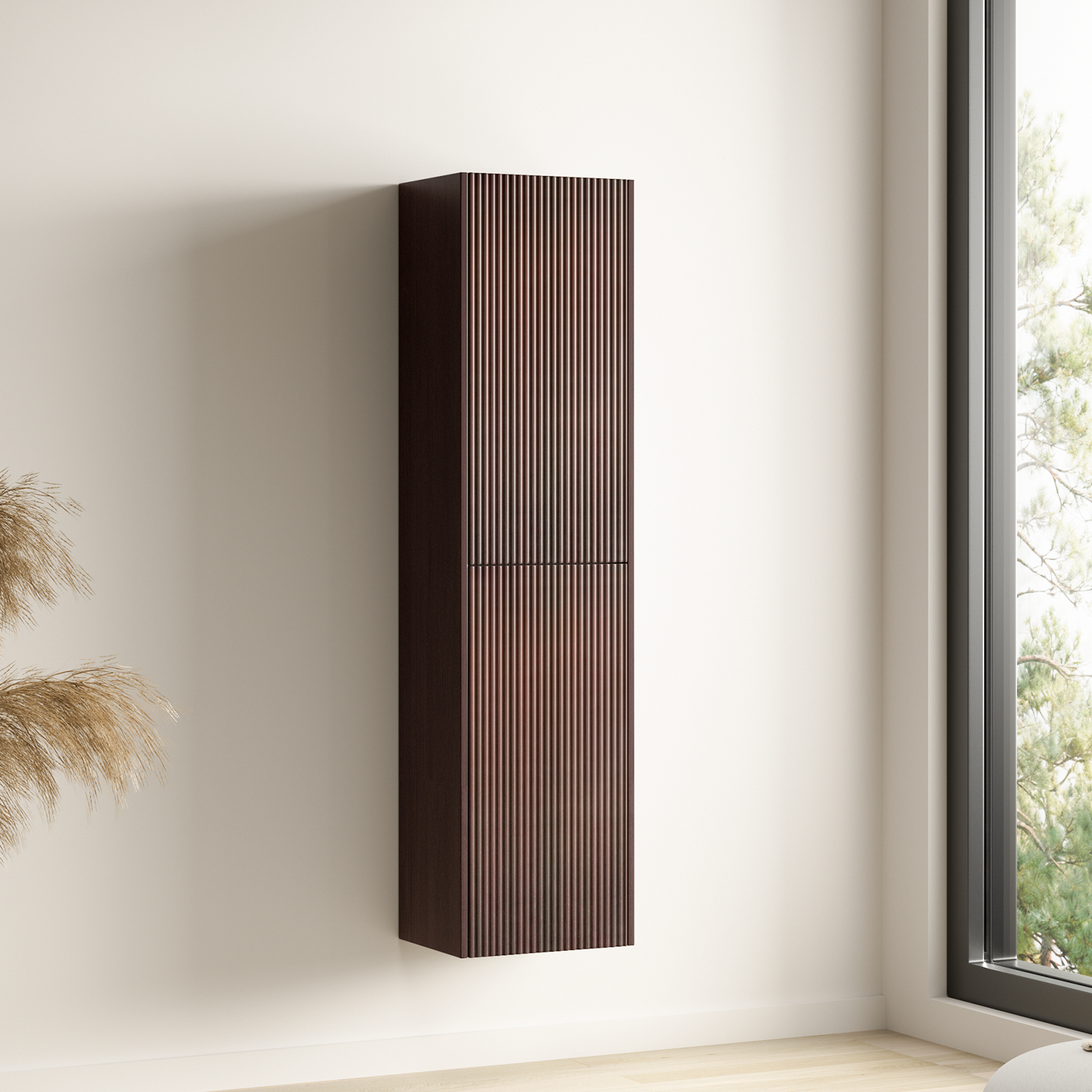 Badmöbelset TROPANI Walnuss Geriffelt - Aufsatzwaschbecken Schwarz - 80 cm