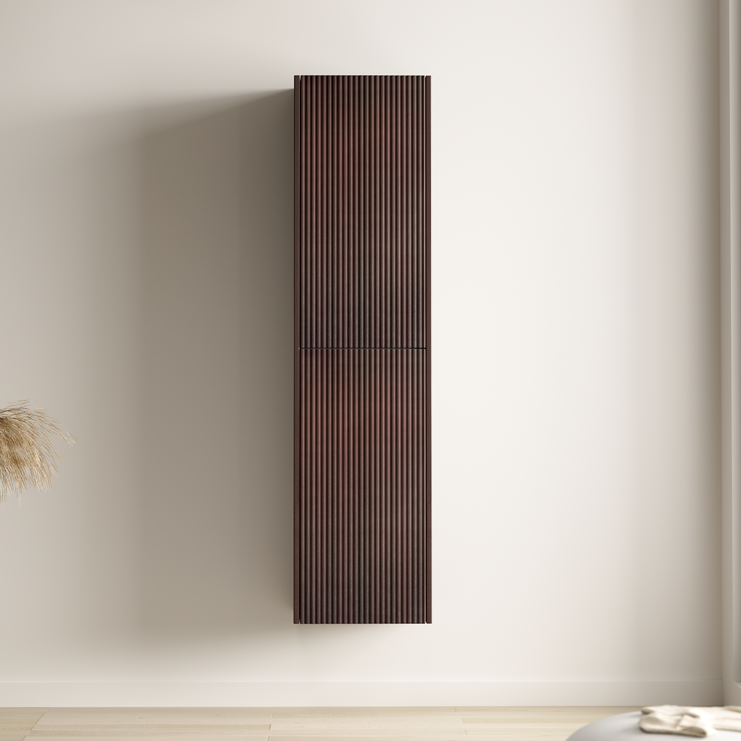 Badmöbelset TROPANI Walnuss Geriffelt - Aufsatzwaschbecken Schwarz - 60 cm