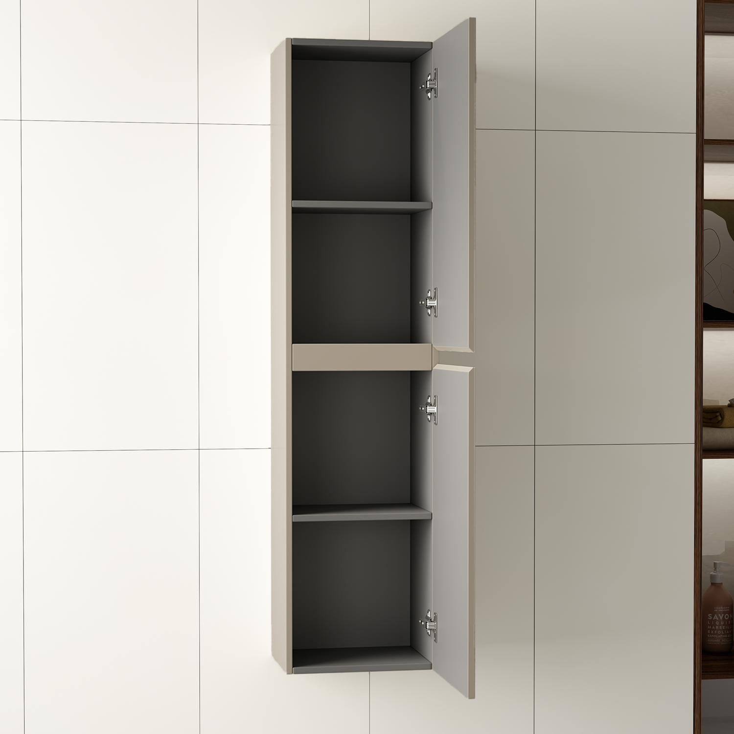 Badmöbelset SORRENTO 60 cm - Mit Hochschrank - Greige - Waschbecken Weiß