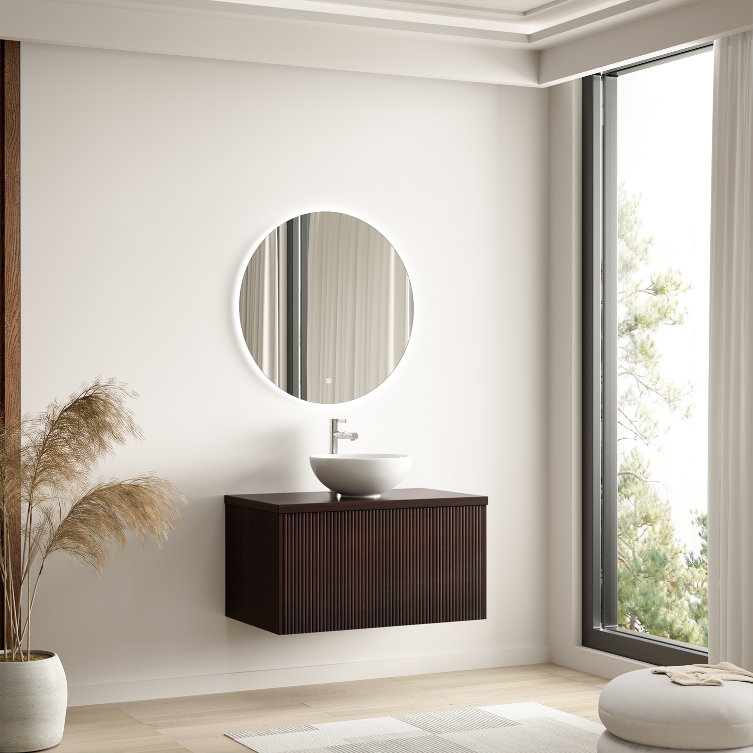 MESSINA Geriffelt Walnuss - Aufsatzwaschbecken Weiß - 80 cm