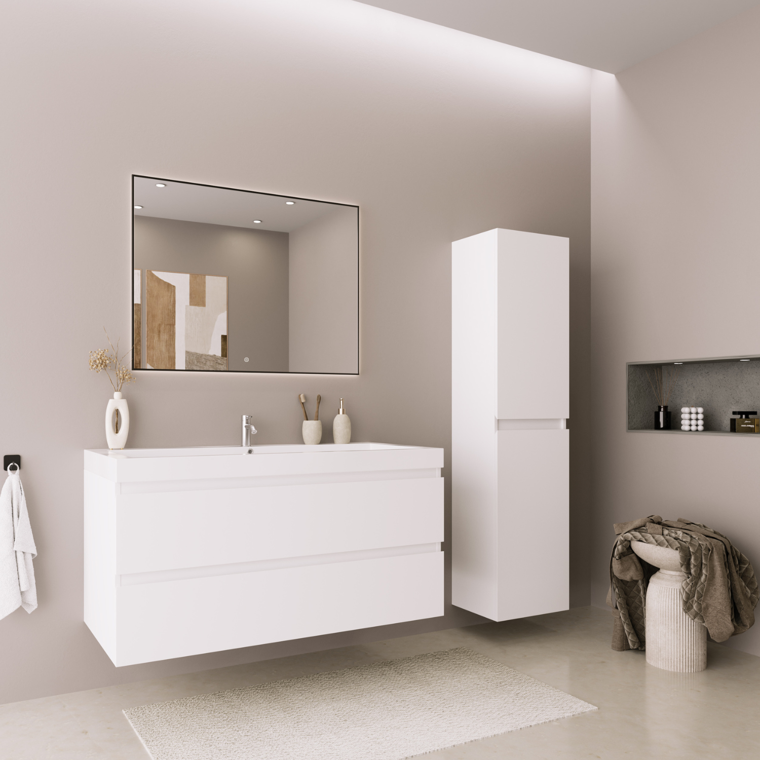 Badmöbelset AVALON 100 cm - Mit Hochschrank - Glänzend Weiß