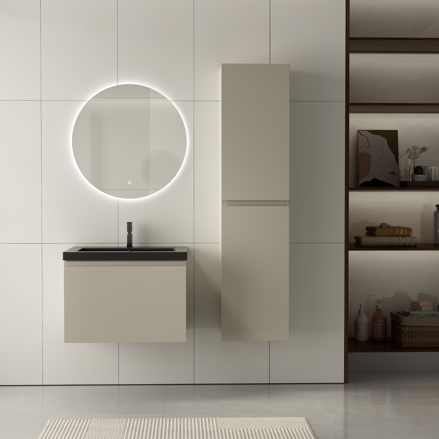 Badmöbelset SORRENTO 60 cm - Mit Hochschrank - Greige - Waschbecken Schwarz