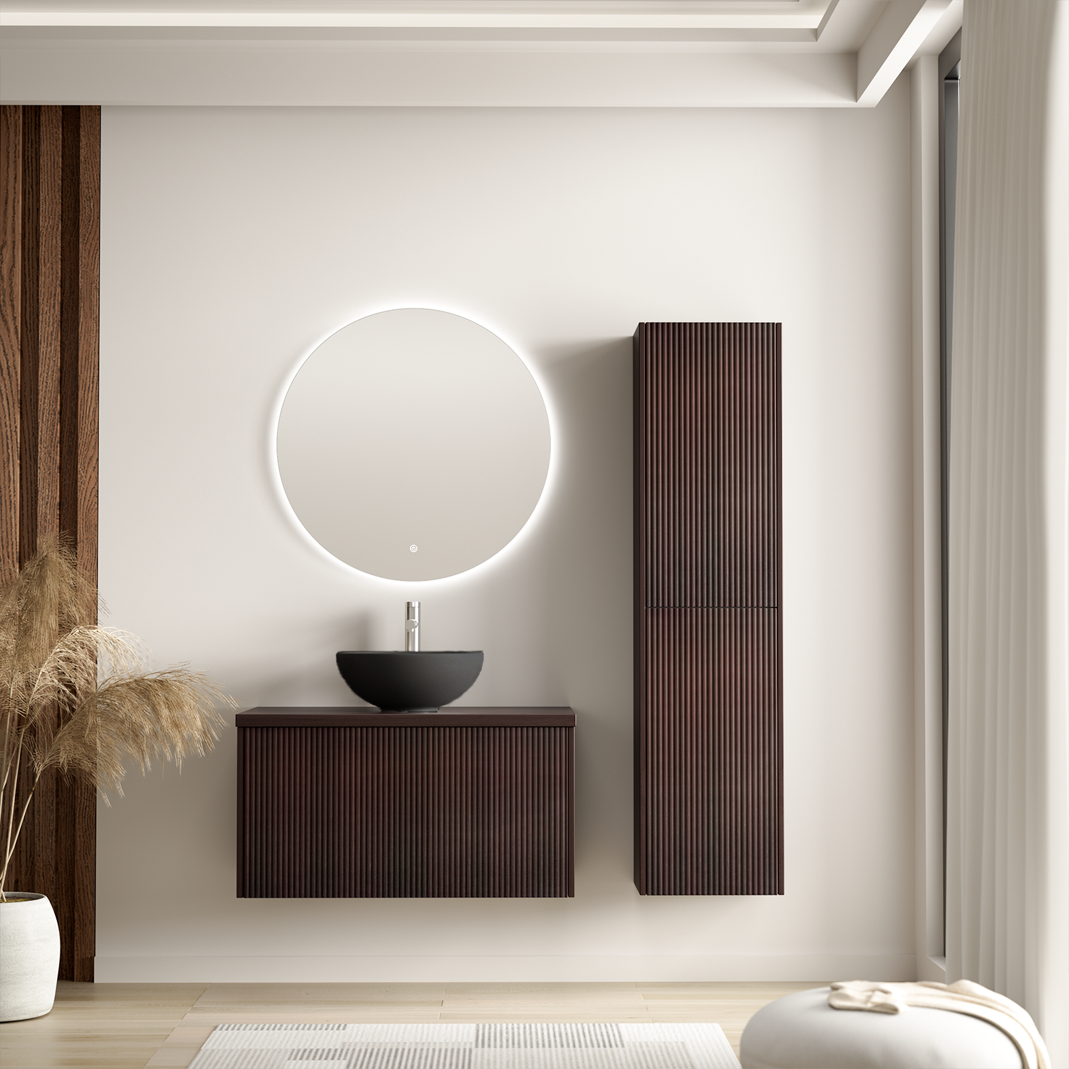 Badmöbelset TROPANI Walnuss Geriffelt - Aufsatzwaschbecken Schwarz - 80 cm