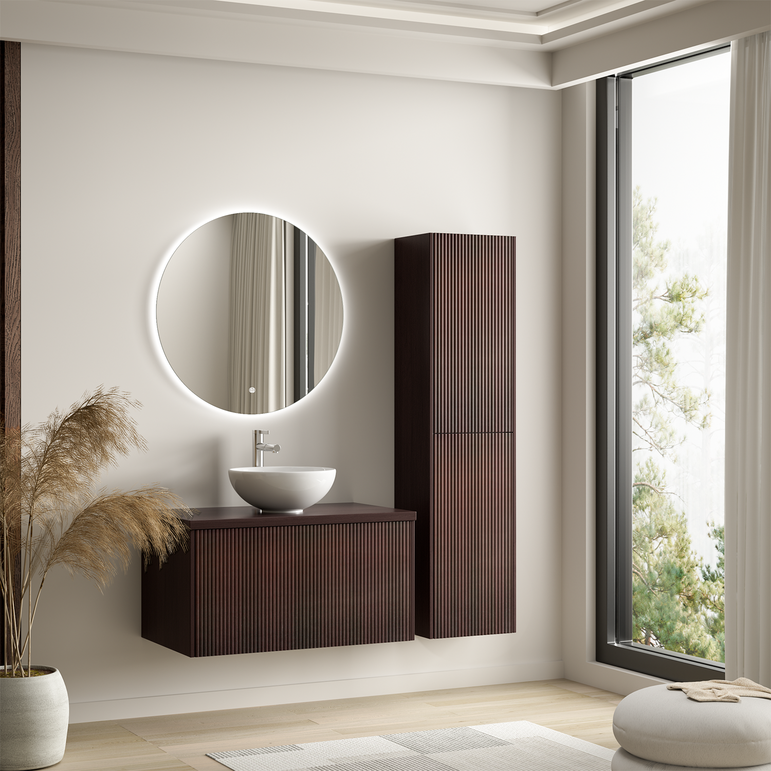 Badmöbelset TROPANI Walnuss Geriffelt - Aufsatzwaschbecken Weiß - 80 cm