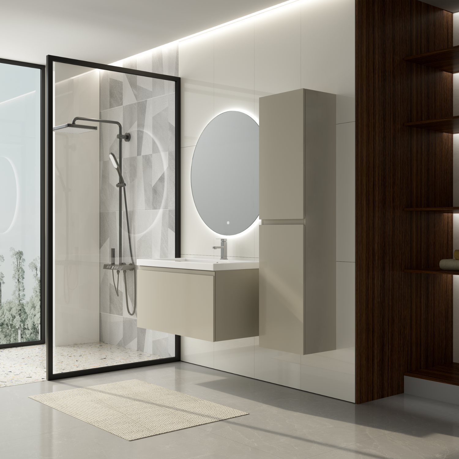 Badmöbelset SORRENTO 80 cm - Mit Hochschrank - Greige - Waschbecken Weiß