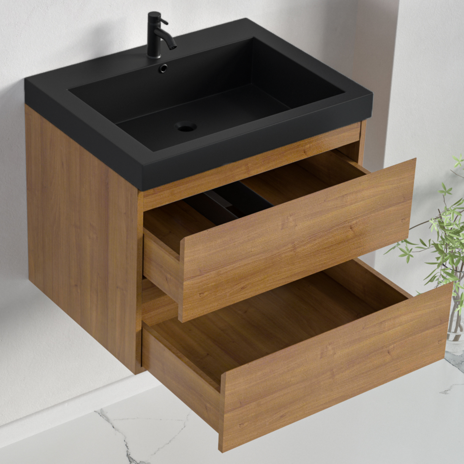 Badmöbelset AVALON 60 cm - Mit Hochschrank - Warmes Eichenholz - Waschbecken Schwarz