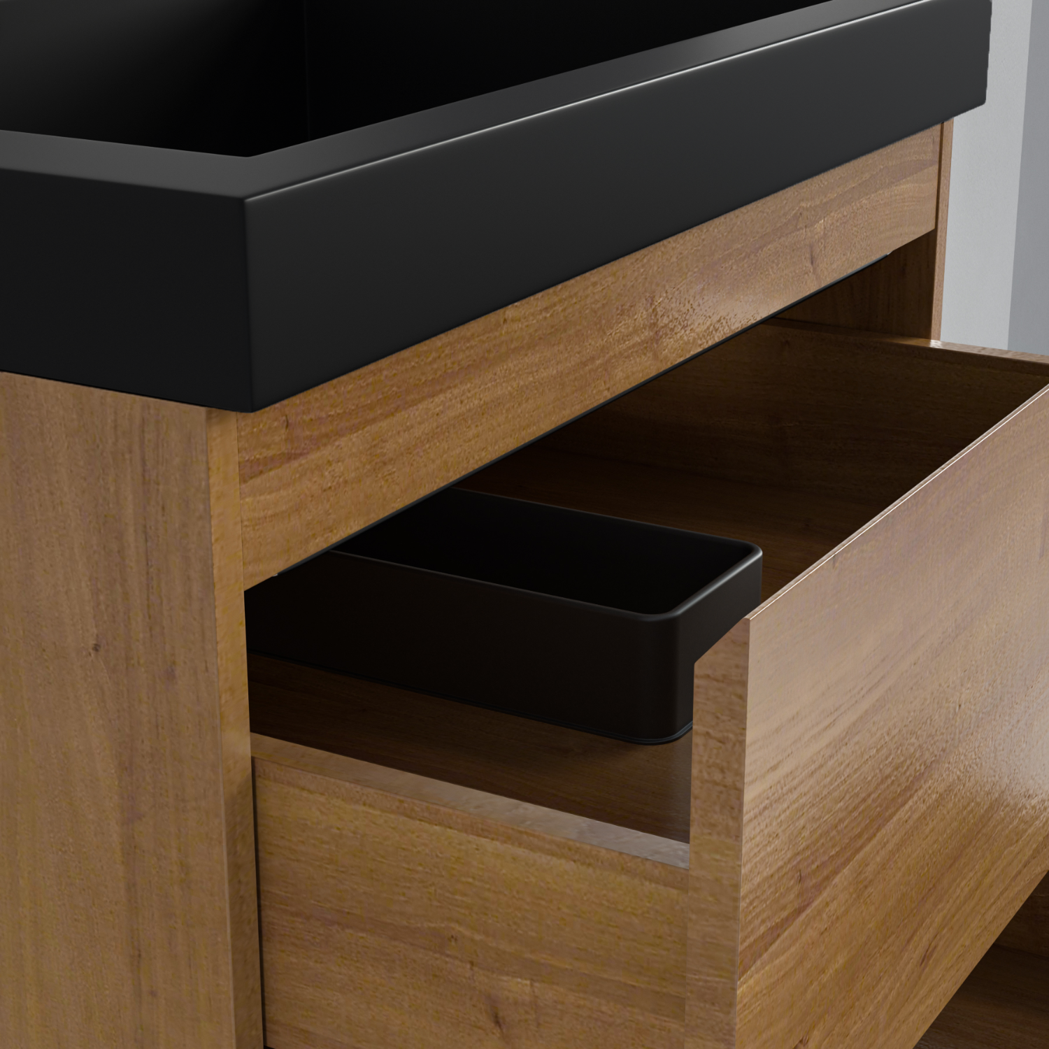 Badmöbelset AVALON 60 cm - Mit Hochschrank - Warmes Eichenholz - Waschbecken Schwarz