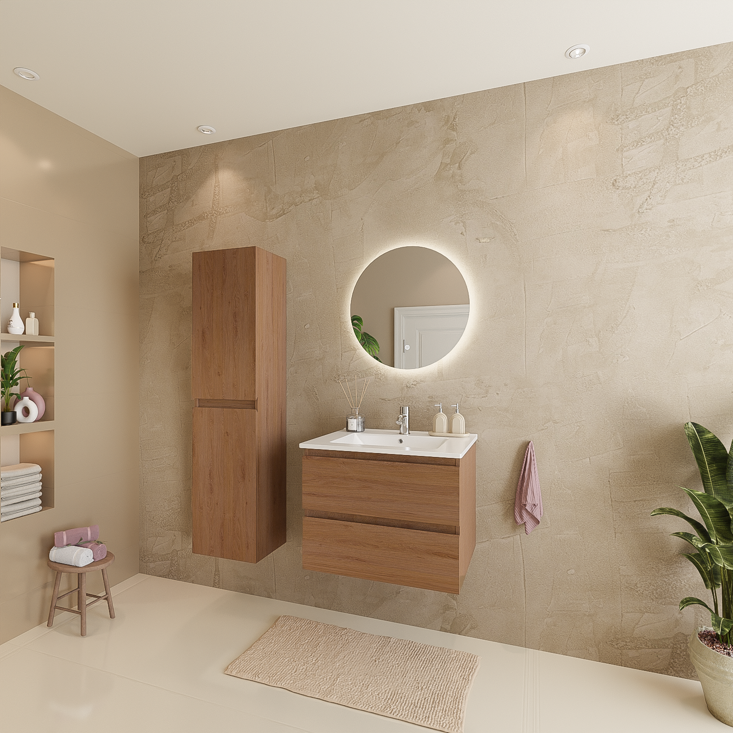 Badmöbelset VERONA 60 cm - Mit Hochschrank - Warmes Eichenholz - Waschbecken Weiß