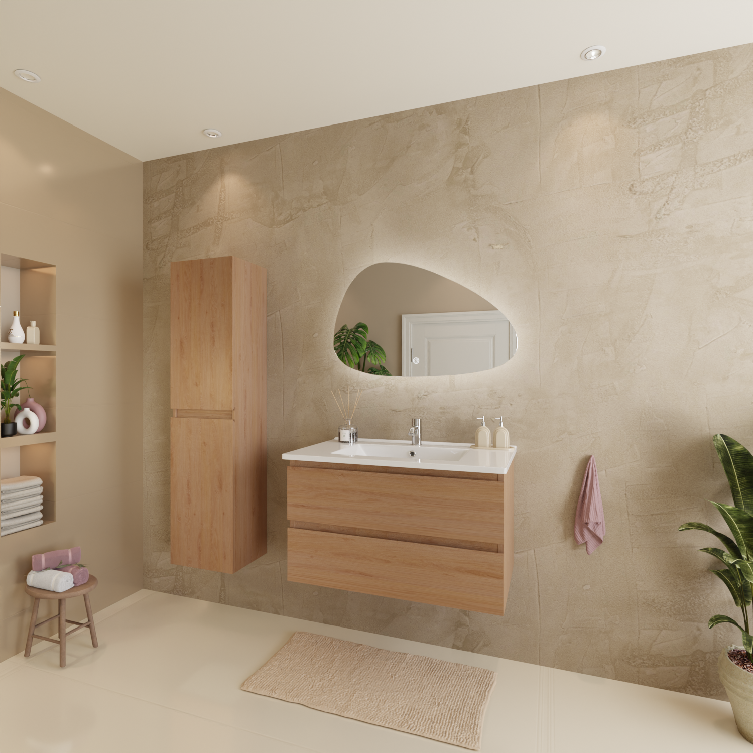 Badmöbelset VERONA 80 cm - Mit Hochschrank - Helles Eichenholz - Waschbecken Weiß