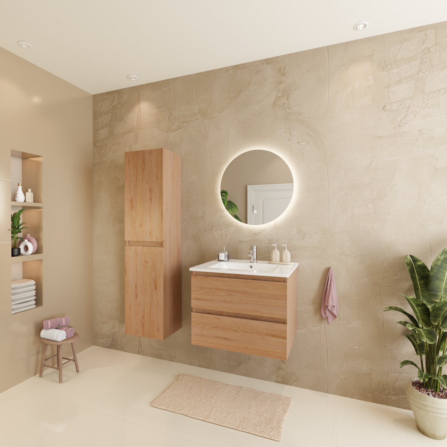 Badmöbelset VERONA 60 cm - Mit Hochschrank - Helles Eichenholz - Waschbecken Weiß