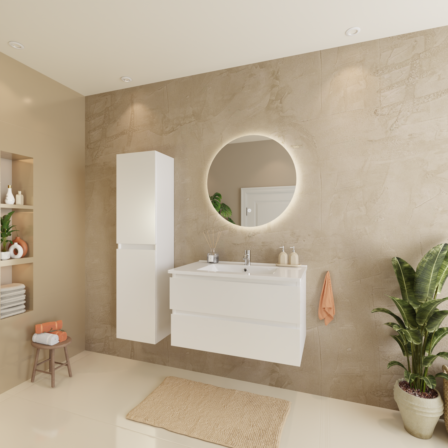 Badmöbelset VERONA 80 cm - Mit Hochschrank - Glänzend Weiß - Waschbecken Weiß