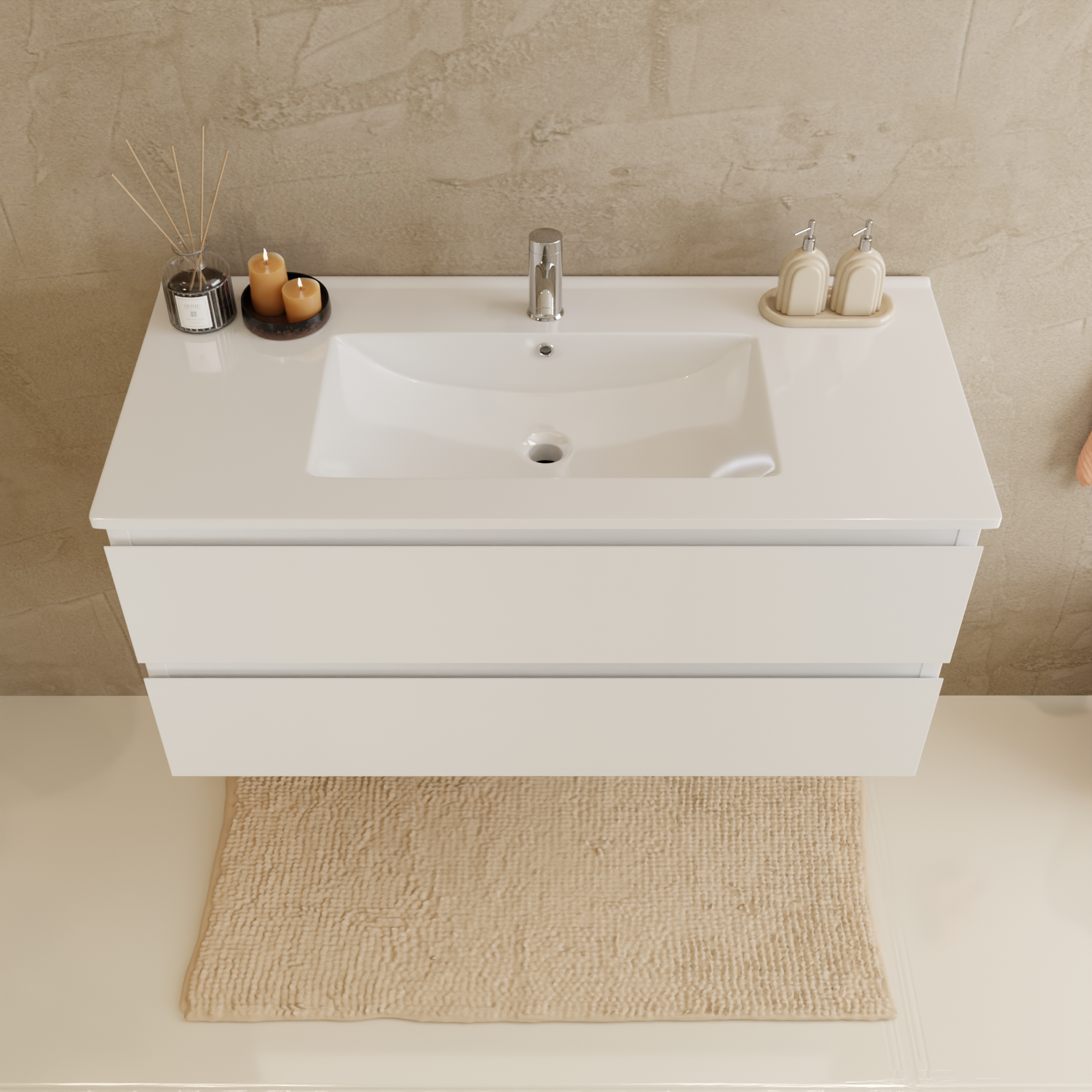 Badmöbelset VERONA 100 cm - Mit Hochschrank - Glänzend Weiß - Waschbecken Weiß