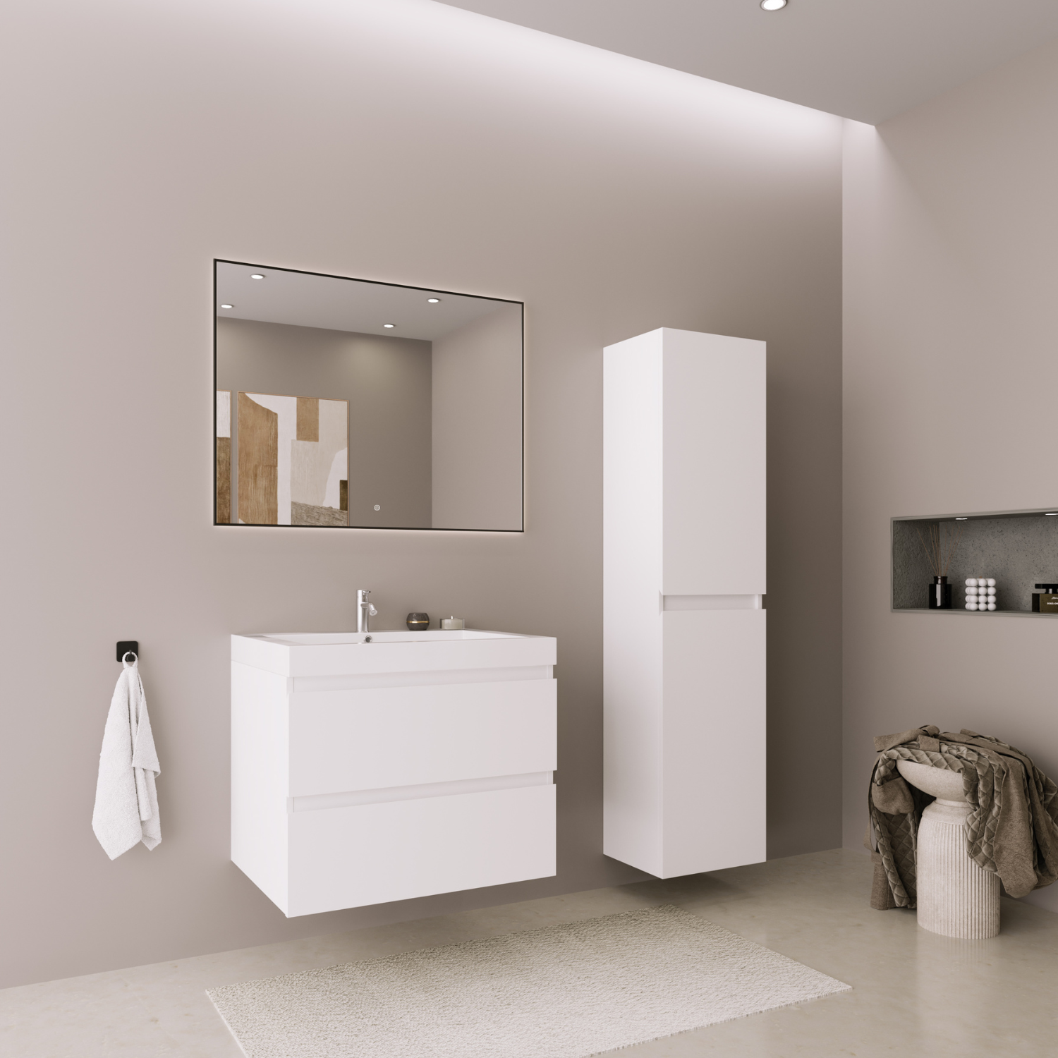 Badmöbelset AVALON 60 cm - Mit Hochschrank - Glänzend Weiß