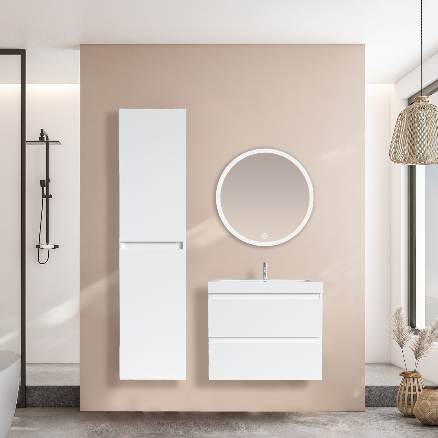 Badmöbel-Set AVALON 60 cm - Mit Hochschrank - Glänzend Weiß