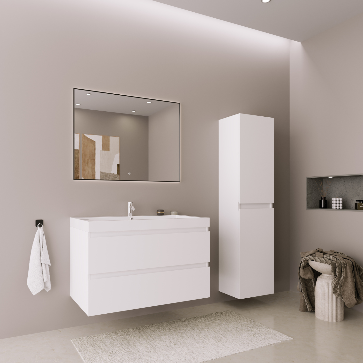 Badmöbelset AVALON 80 cm - Mit Hochschrank - Glänzend Weiß
