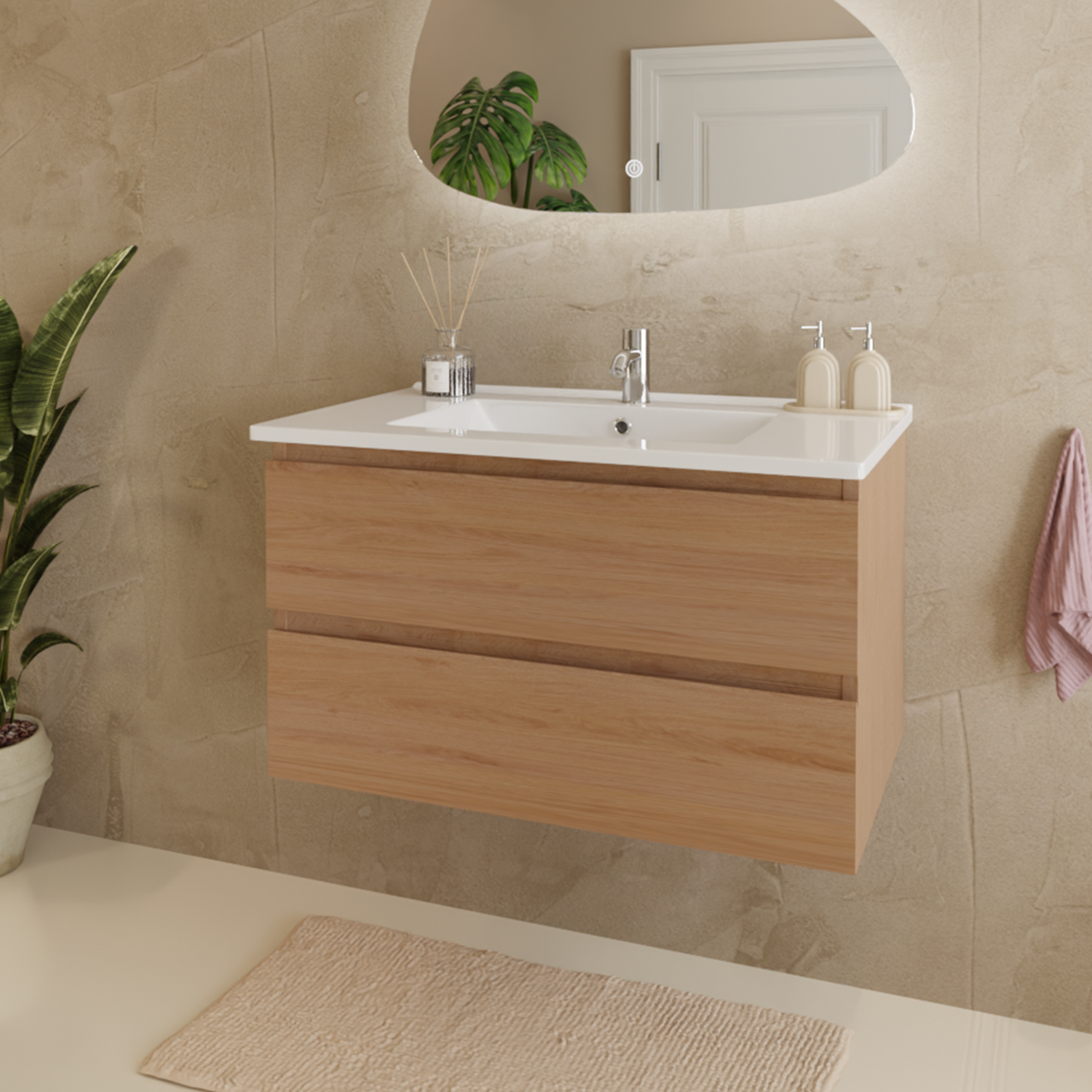 MARENZA Helles Eichenholz - Waschbecken weiß - 80 cm