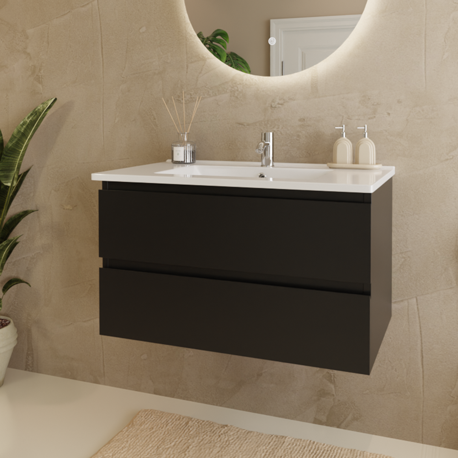 MARENZA Mattschwarz - Waschbecken weiß - 80 cm