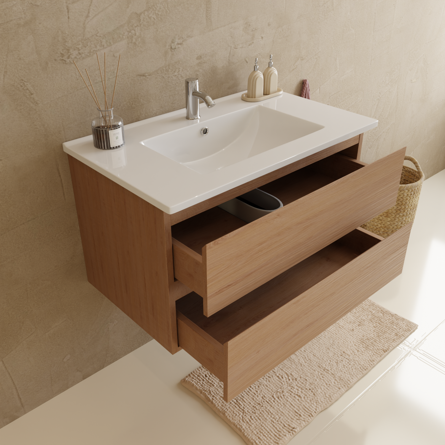 MARENZA Helles Eichenholz - Waschbecken weiß - 80 cm