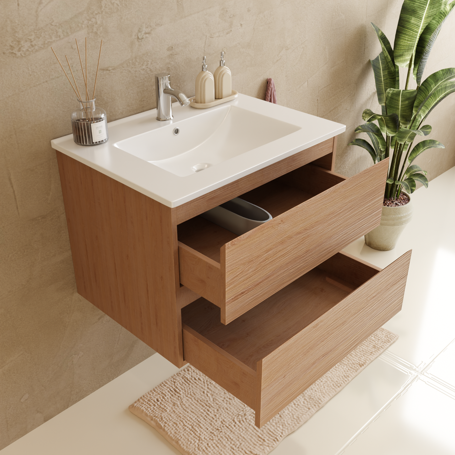 Badmöbelset VERONA 60 cm - Mit Hochschrank - Helles Eichenholz - Waschbecken Weiß