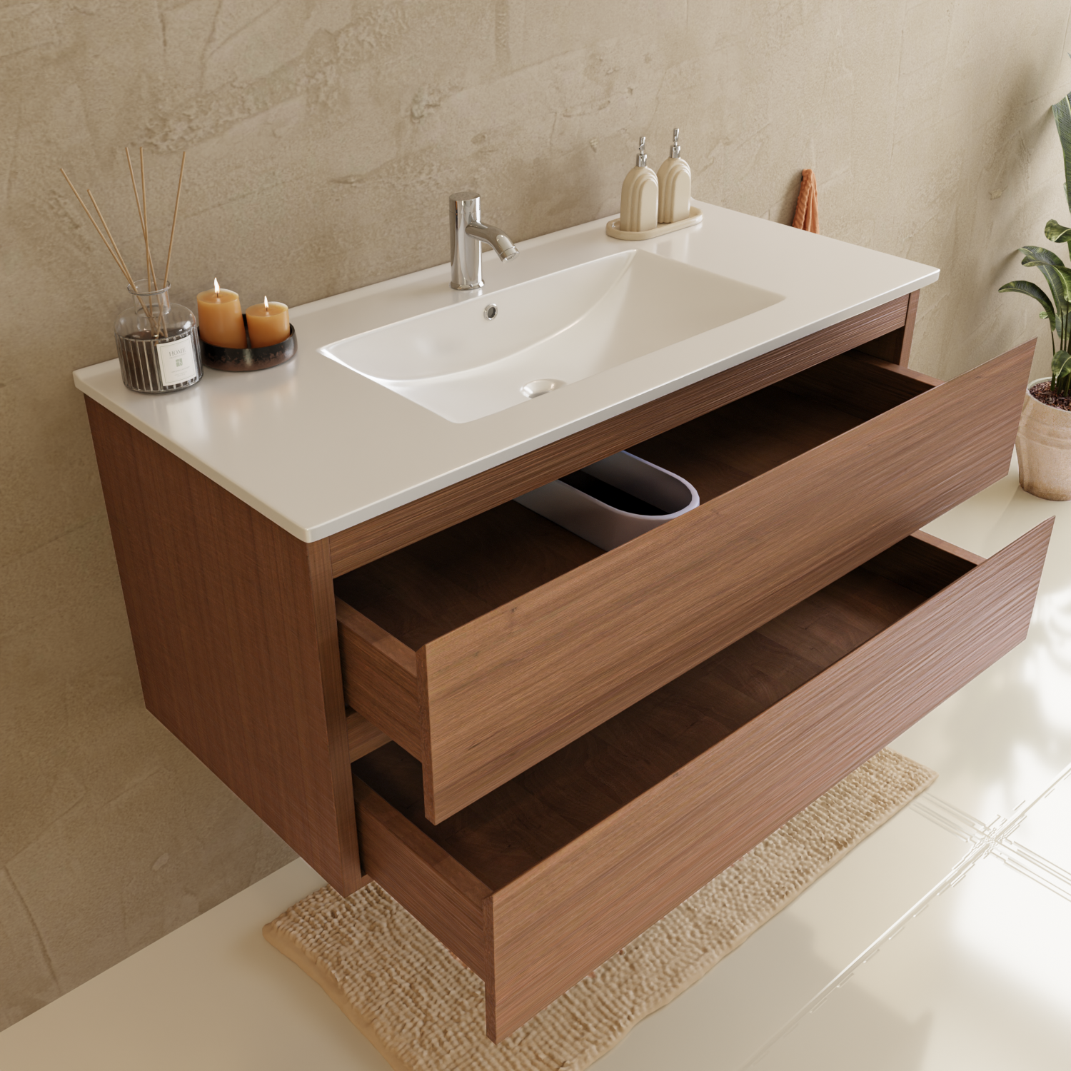 Badmöbelset VERONA 100 cm - Mit Hochschrank - Warmes Eichenholz - Waschbecken Weiß