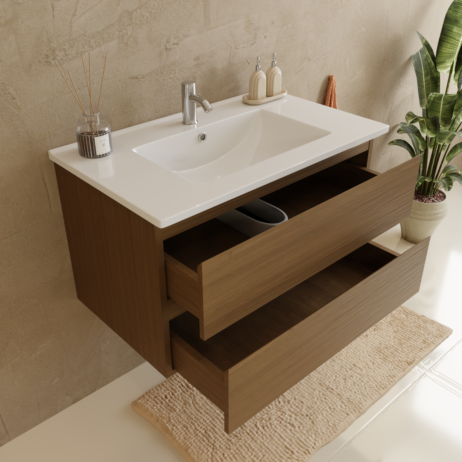 MARENZA Warmes Eichenholz - Waschbecken weiß - 80 cm