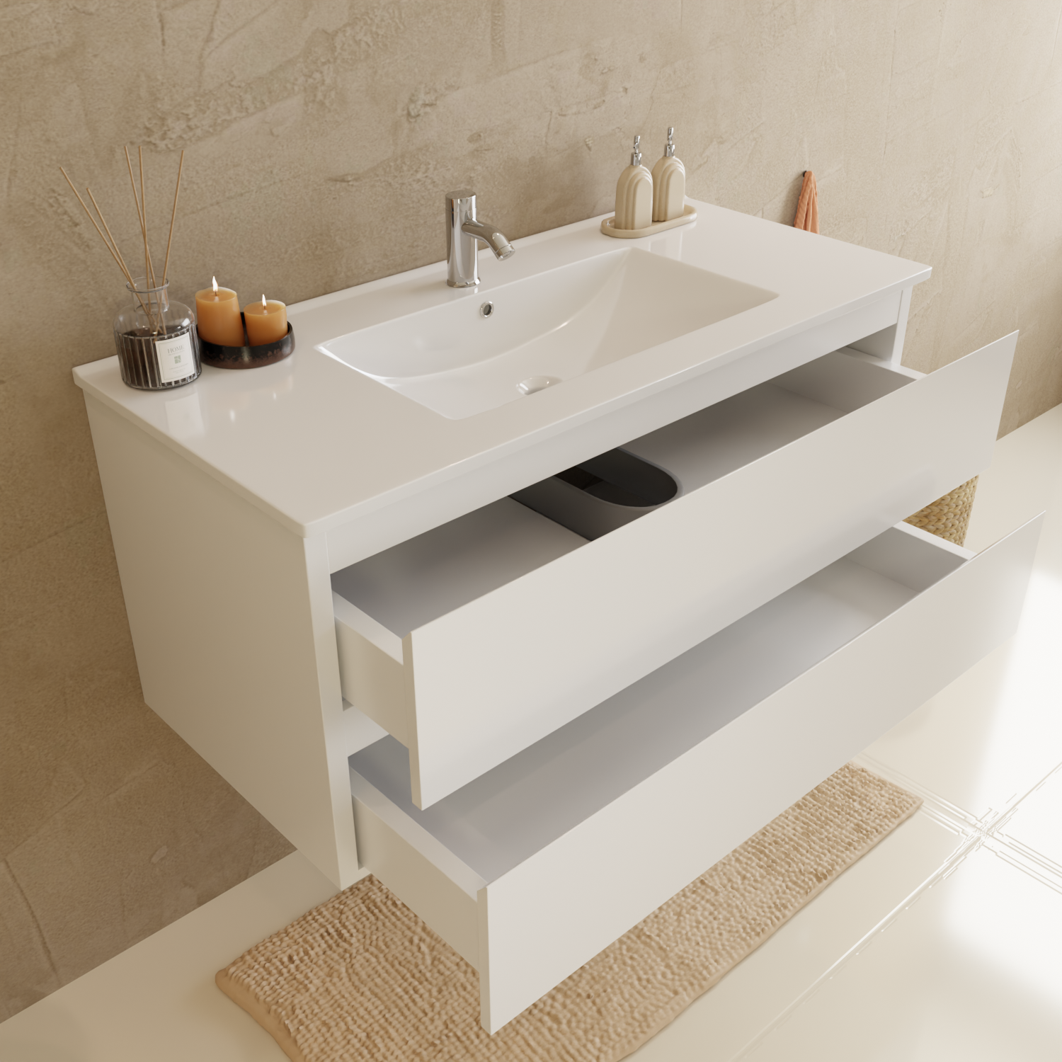 Badmöbelset VERONA 100 cm - Mit Hochschrank - Glänzend Weiß - Waschbecken Weiß