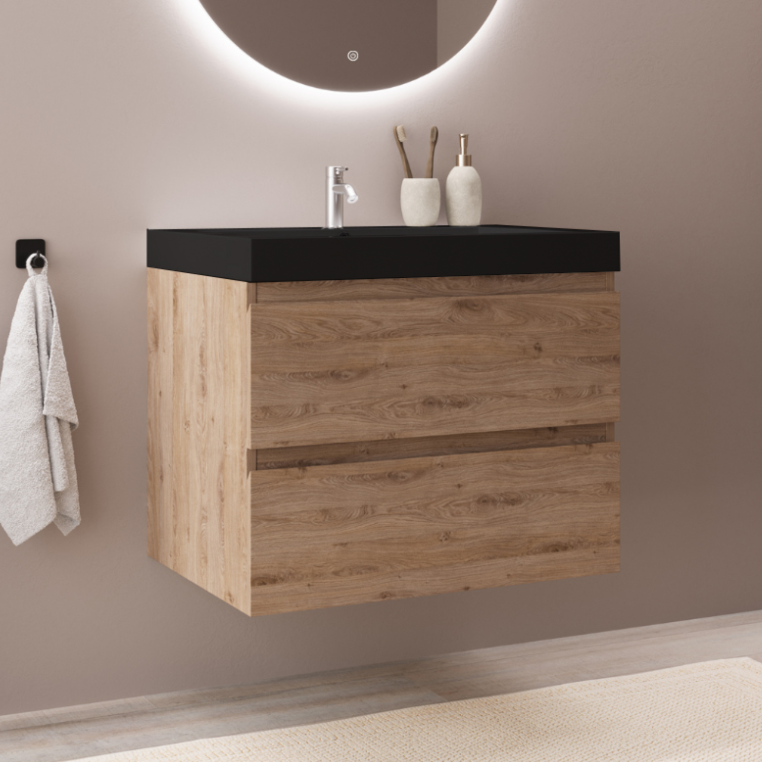 MONACO Helles Eichenholz - Waschbecken Schwarz - 60 cm