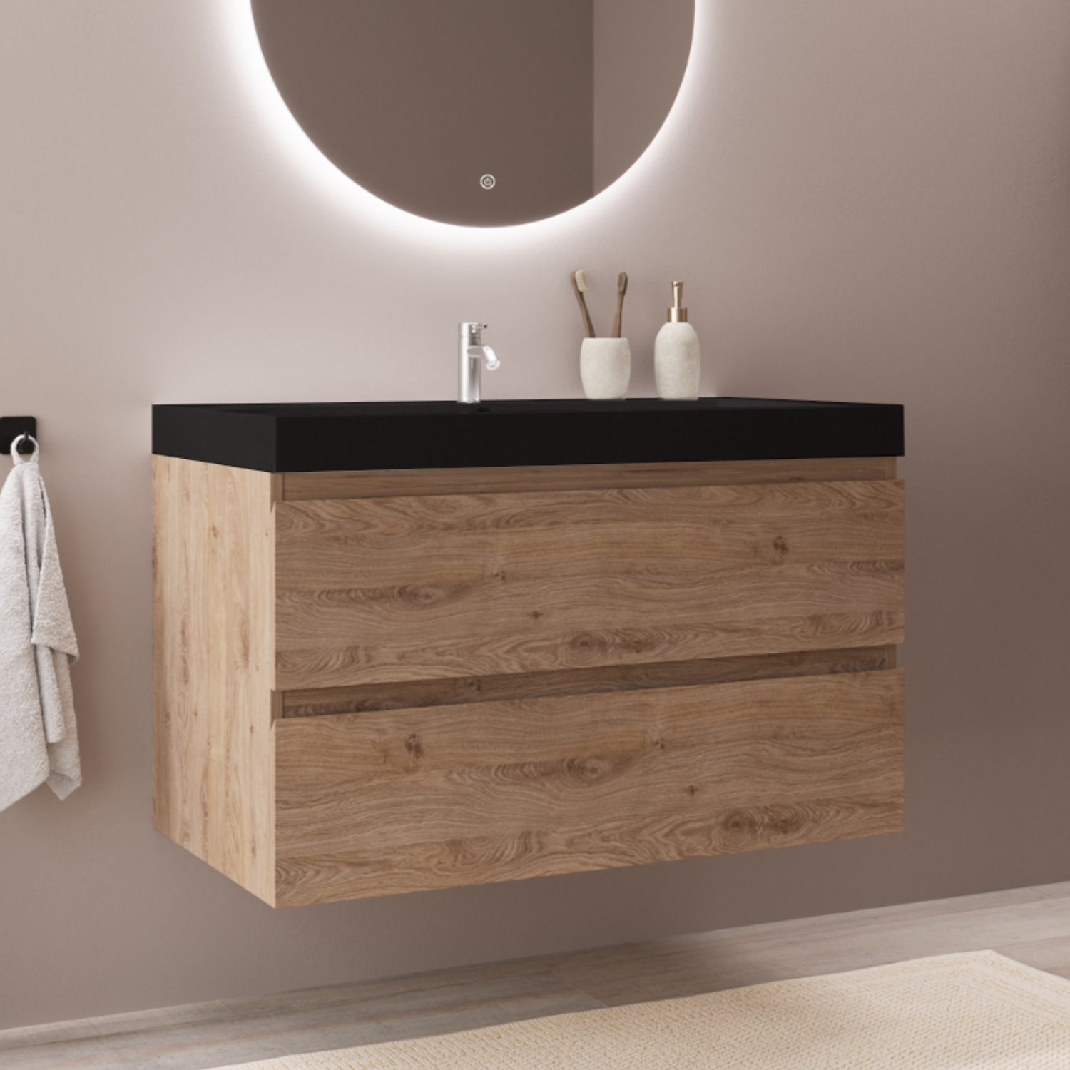 MONACO Helles Eichenholz - Waschbecken Schwarz- 80 cm