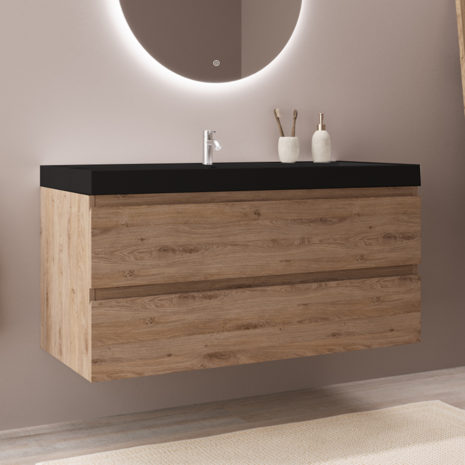 MONACO Helles Eichenholz - Waschbecken Schwarz - 100 cm