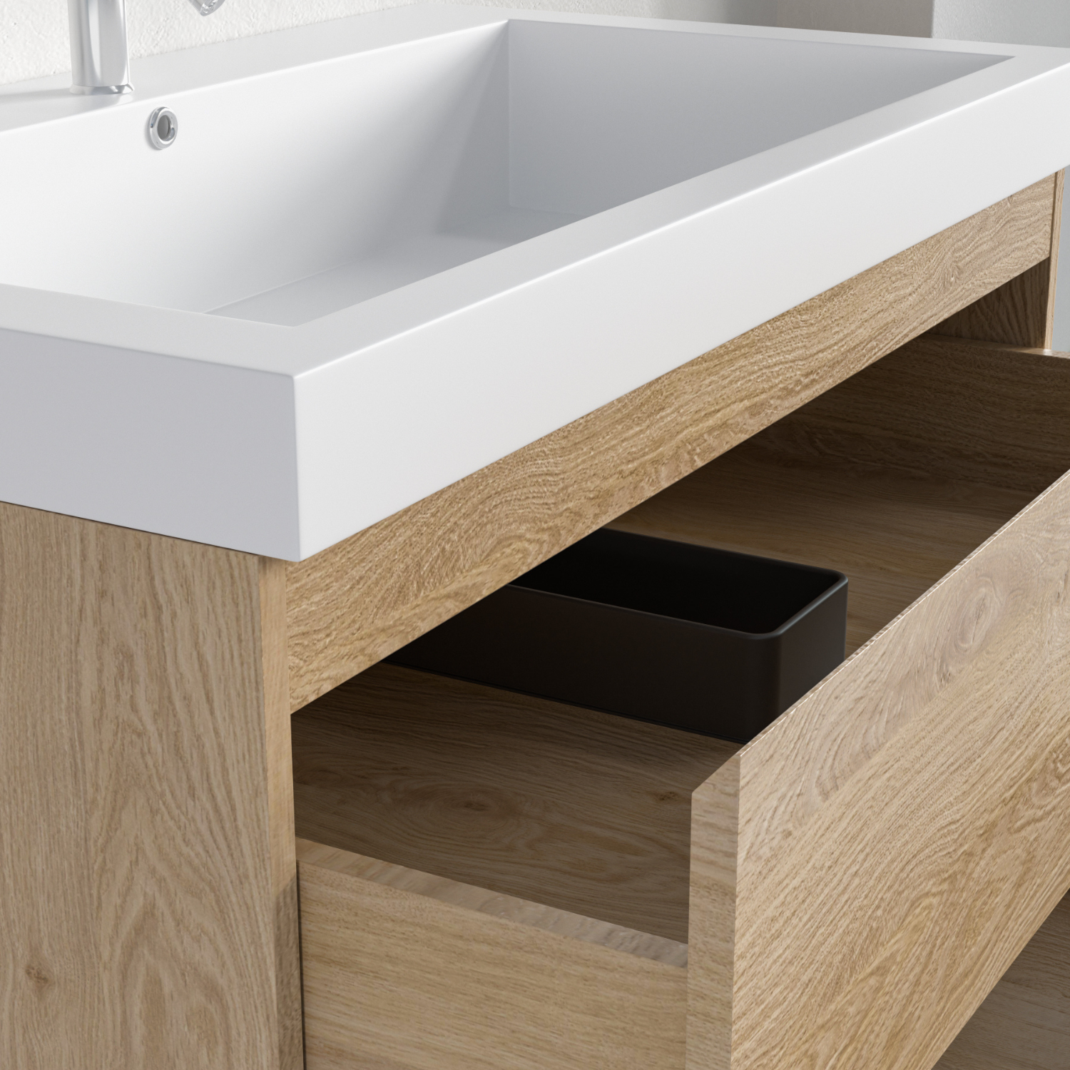 Badmöbelset AVALON 80 cm - Mit Hochschrank - Helles Eichenholz - Waschbecken Weiß