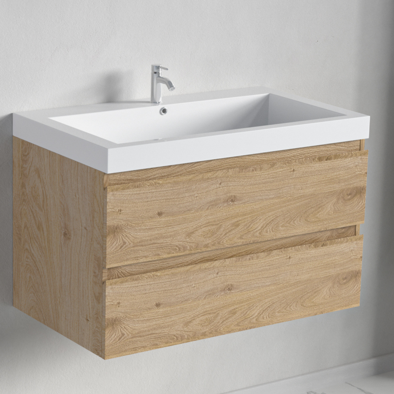 Badmöbelset AVALON 80 cm - Mit Hochschrank - Helles Eichenholz - Waschbecken Weiß