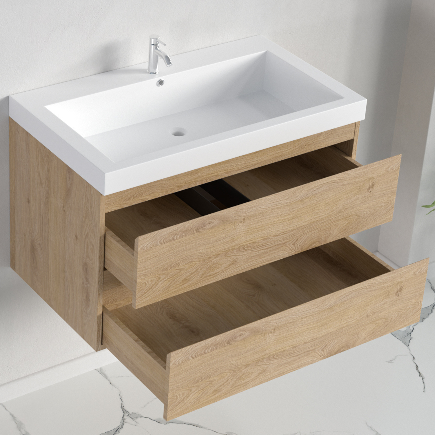 Badmöbelset AVALON 80 cm - Mit Hochschrank - Helles Eichenholz - Waschbecken Weiß