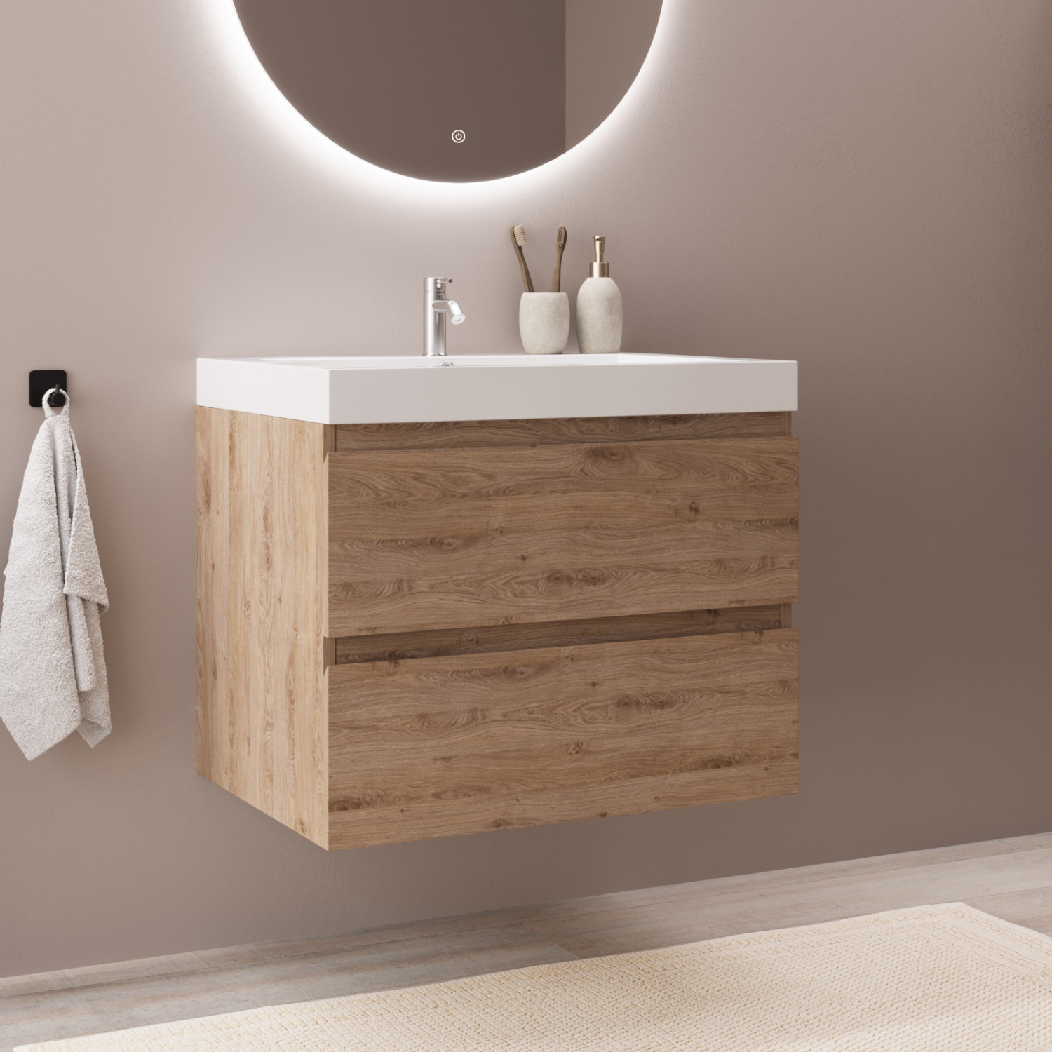 MONACO Helles Eichenholz - Waschbecken Weiß - 60 cm