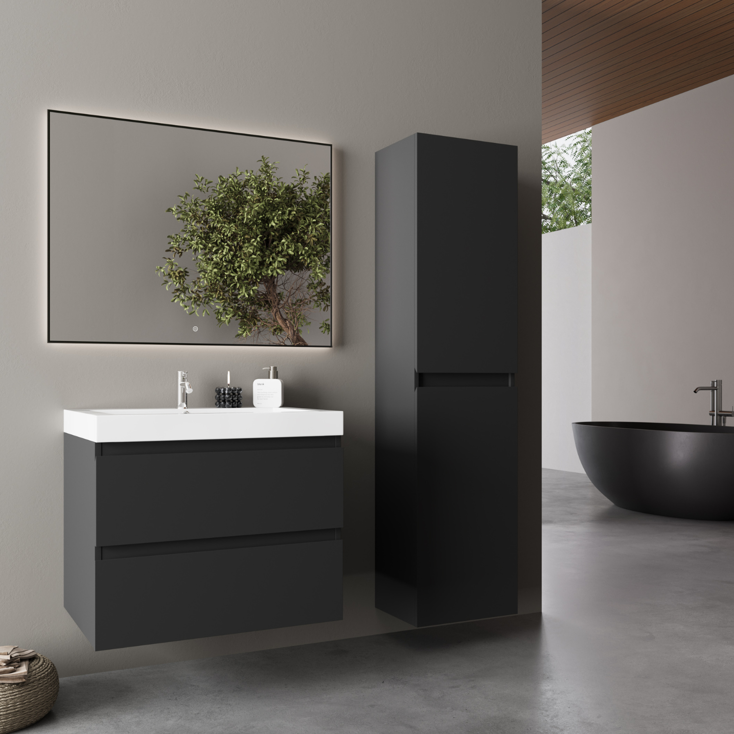 Badmöbelset AVALON 60 cm - Mit Hochschrank - Matt Schwarz - Waschbecken Weiß