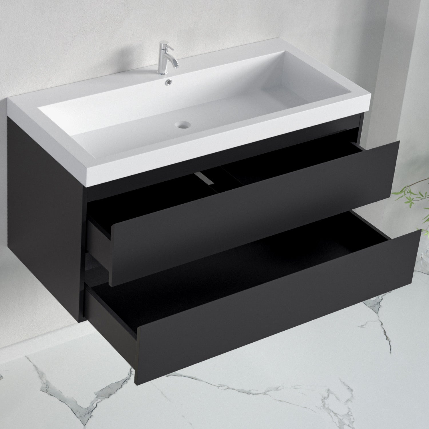 Badmöbelset AVALON 100 cm - Mit Hochschrank - Matt Schwarz - Waschbecken Weiß