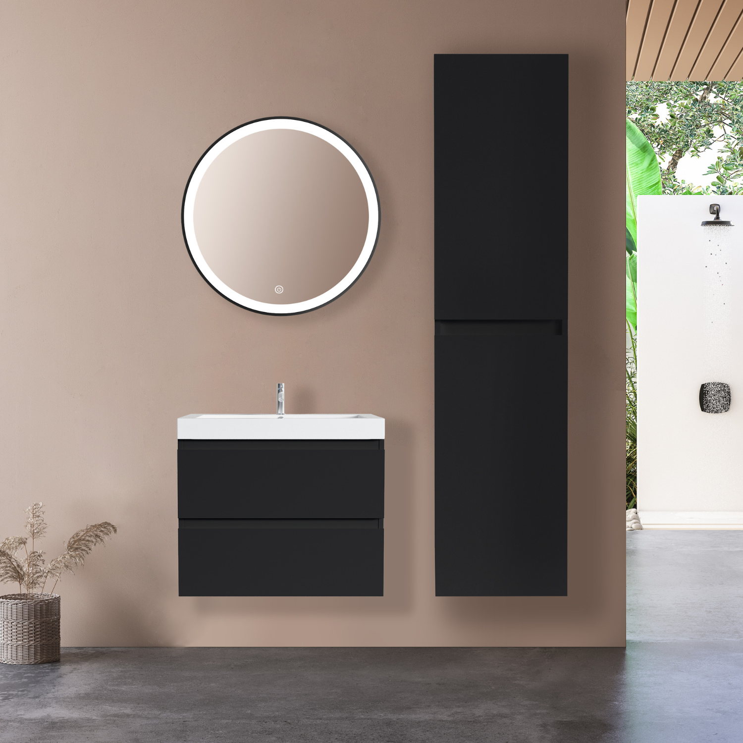 Badmöbelset AVALON 60 cm - Mit Hochschrank - Matt Schwarz - Waschbecken Weiß