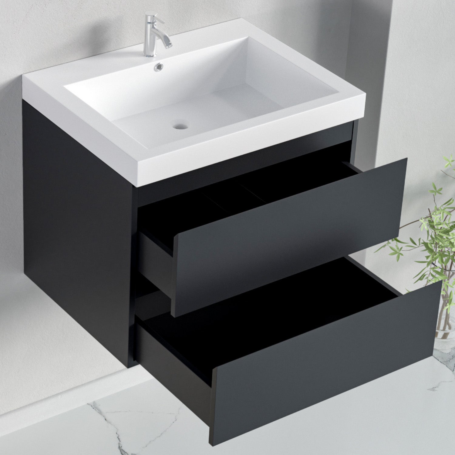 Badmöbelset AVALON 60 cm - Mit Hochschrank - Matt Schwarz - Waschbecken Weiß