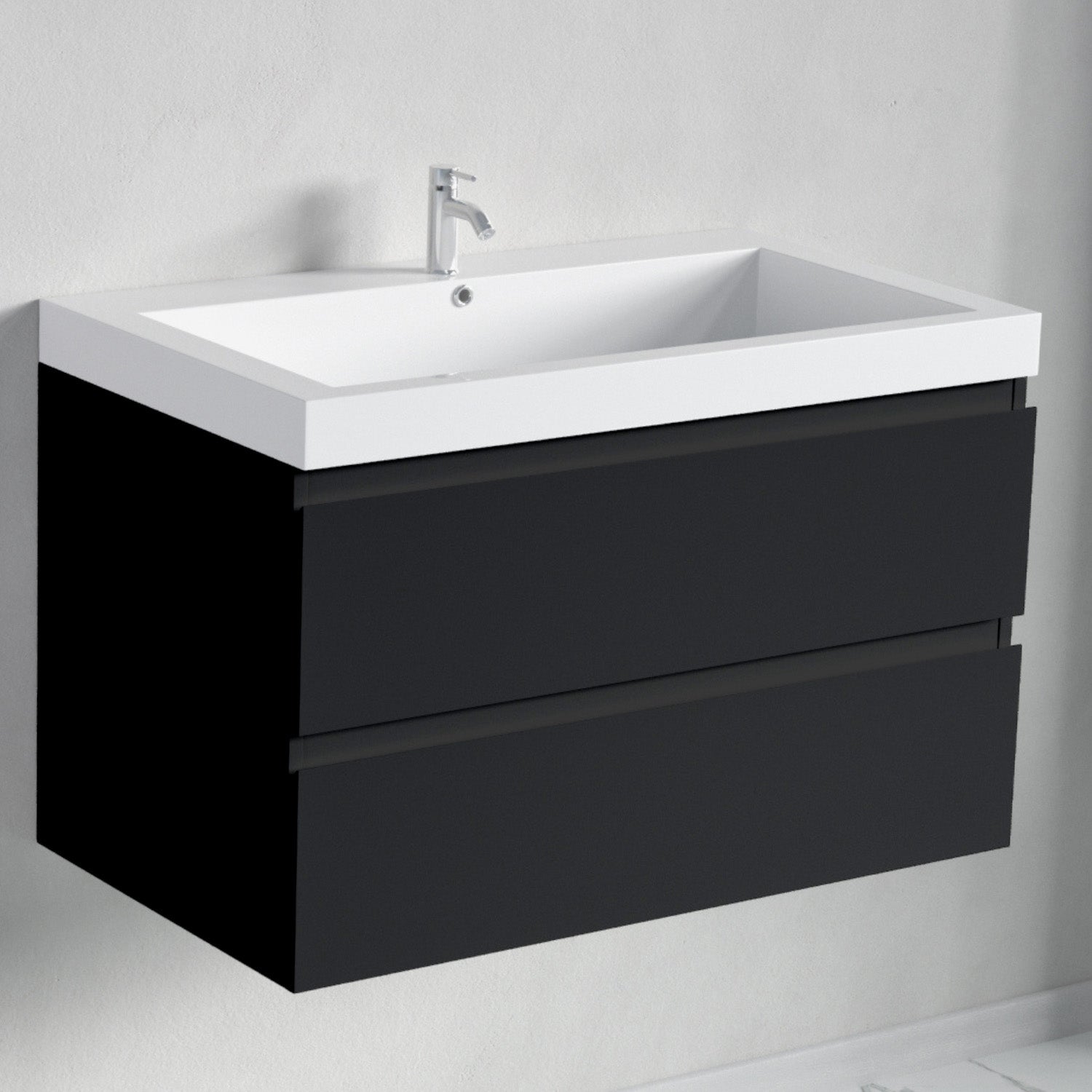 Badmöbelset AVALON 80 cm - Mit Hochschrank - Matt Schwarz - Waschbecken Weiß