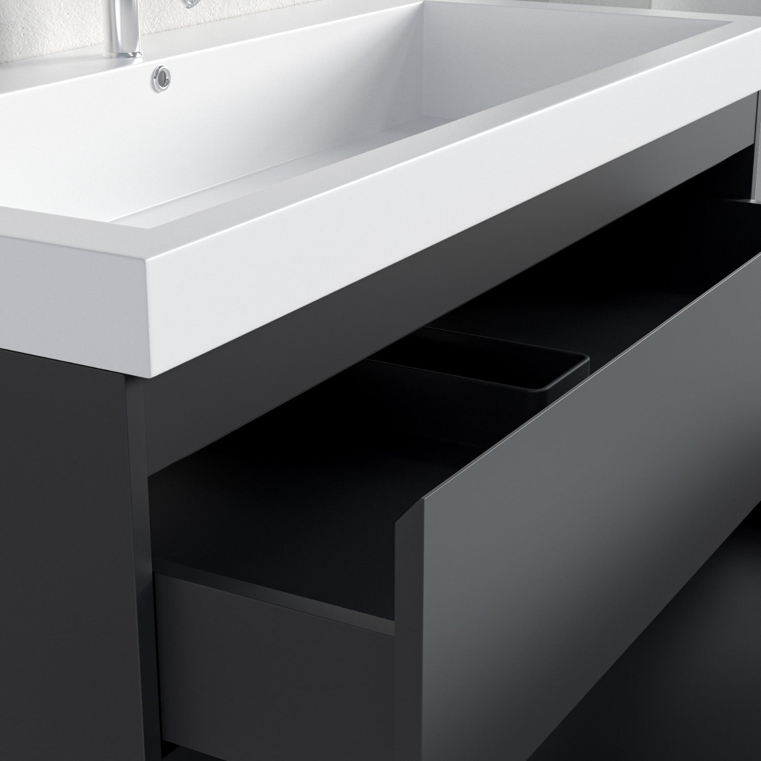 Badmöbelset AVALON 100 cm - Mit Hochschrank - Matt Schwarz - Waschbecken Weiß