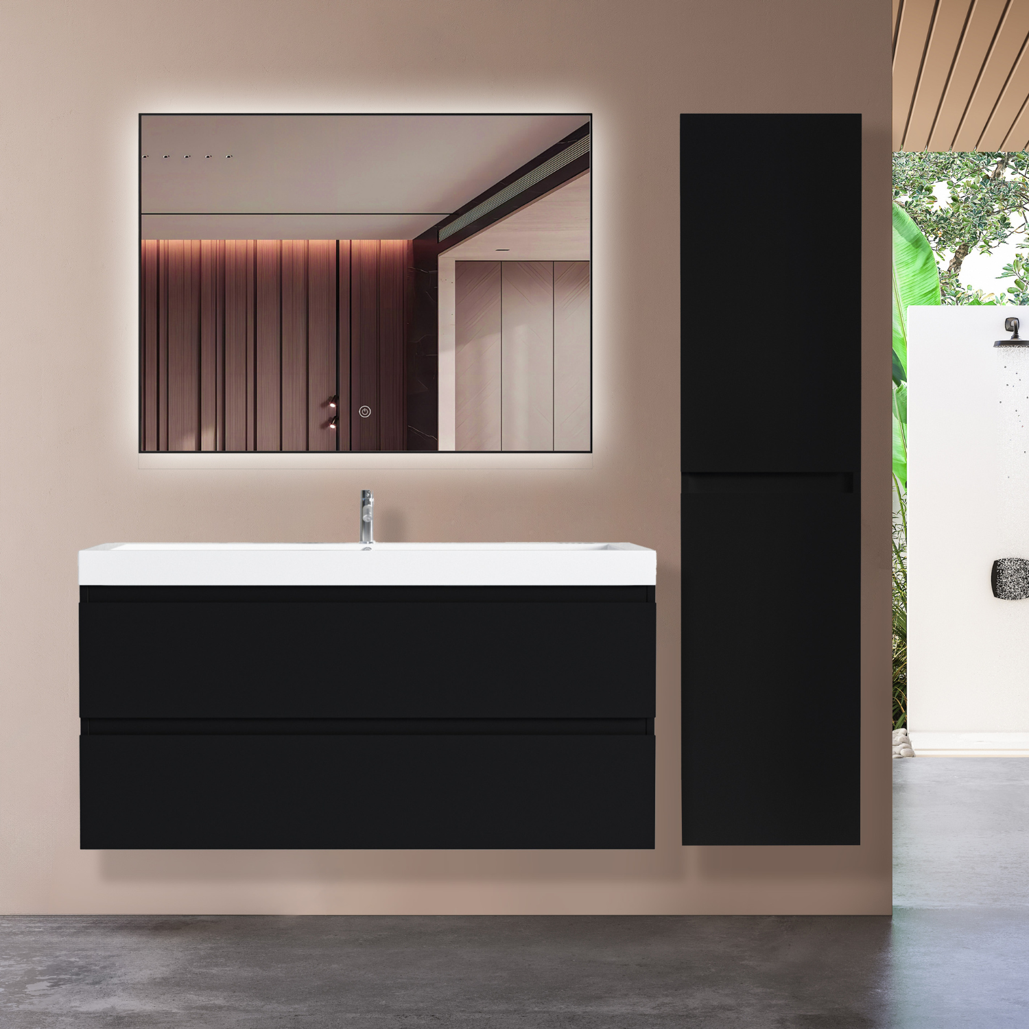 Badmöbelset AVALON 100 cm - Mit Hochschrank - Matt Schwarz - Waschbecken Weiß