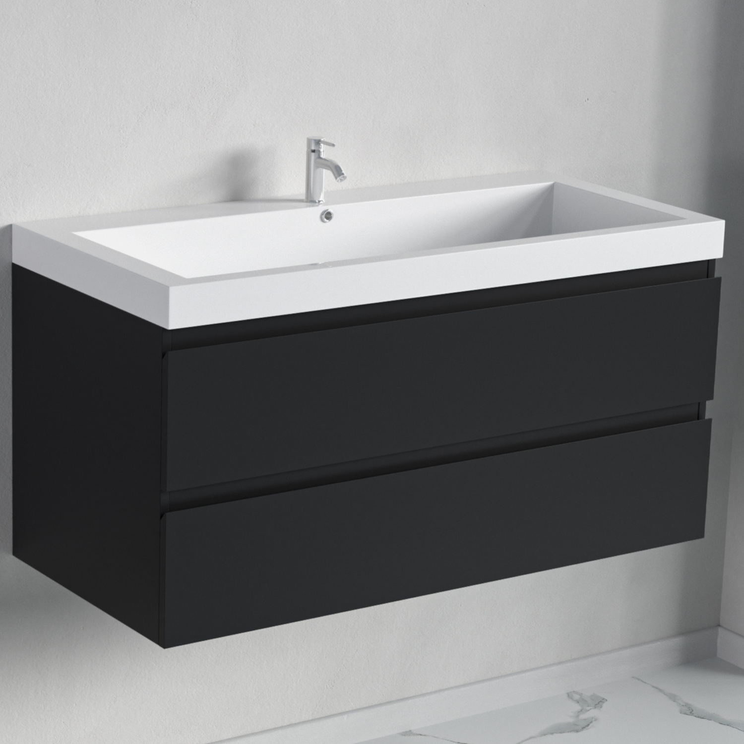 Badmöbelset AVALON 100 cm - Mit Hochschrank - Matt Schwarz - Waschbecken Weiß