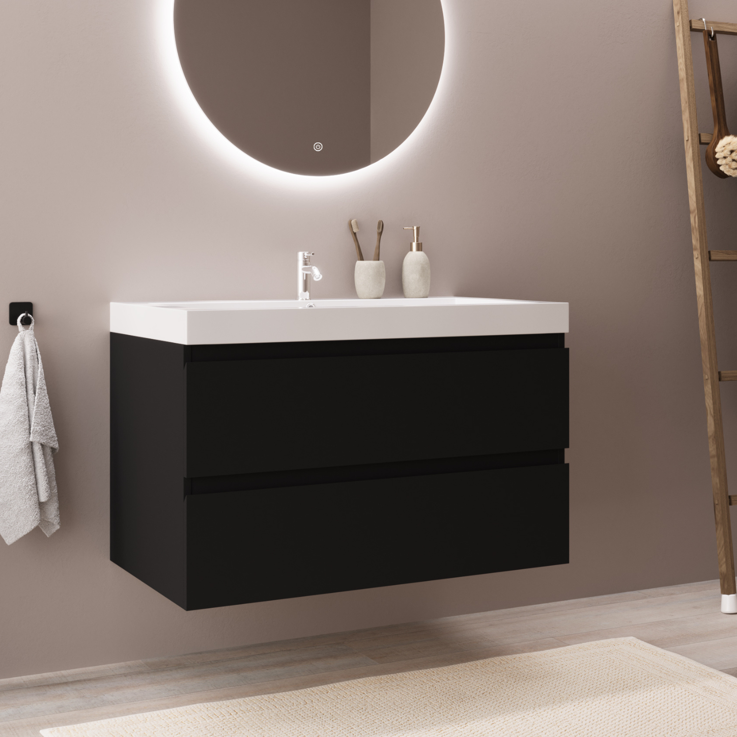 MONACO Schwarzes Eichenholz - Waschbecken weiß - 80 cm