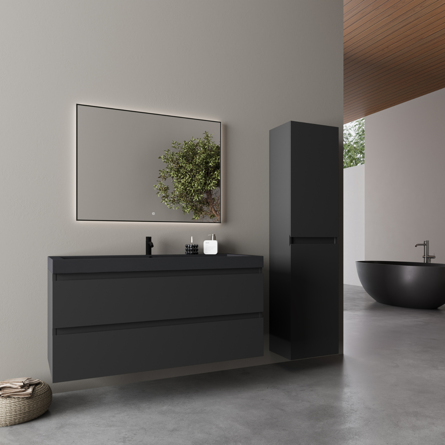 Badmöbelset AVALON 100 cm - Mit Schwarzem Hochschrank - Matt Schwarz - Waschbecken Schwar