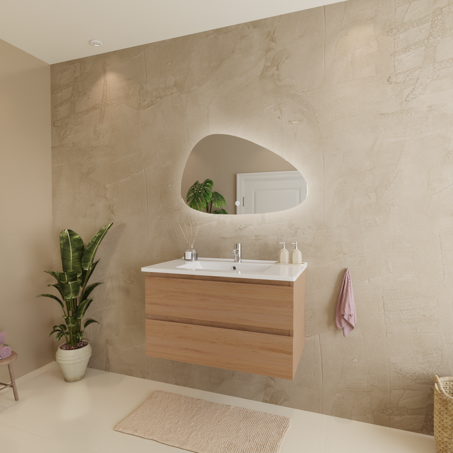 MARENZA Helles Eichenholz - Waschbecken weiß - 80 cm