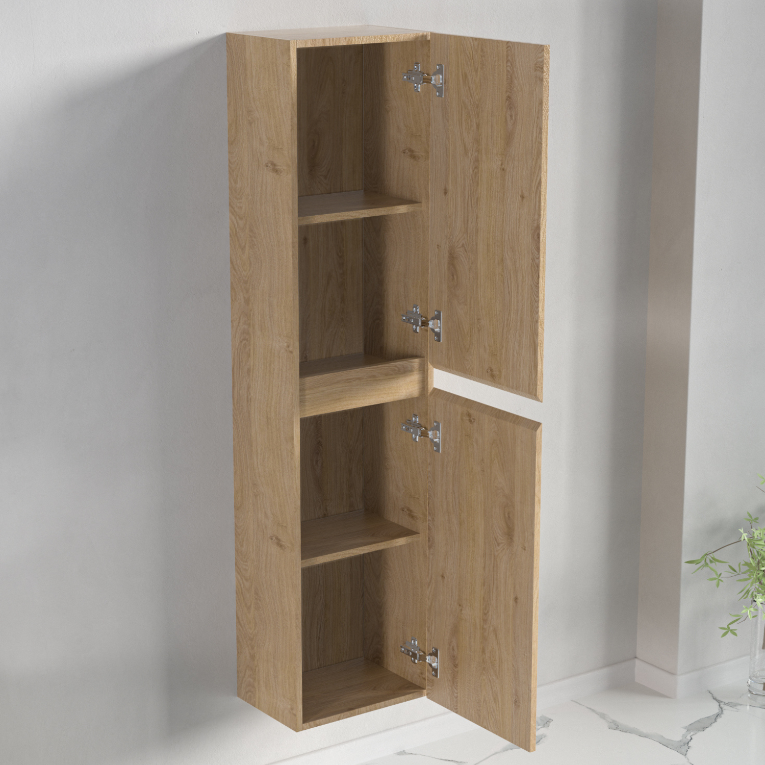 Badmöbelset AVALON 80 cm - Mit Hochschrank - Helles Eichenholz - Waschbecken Weiß