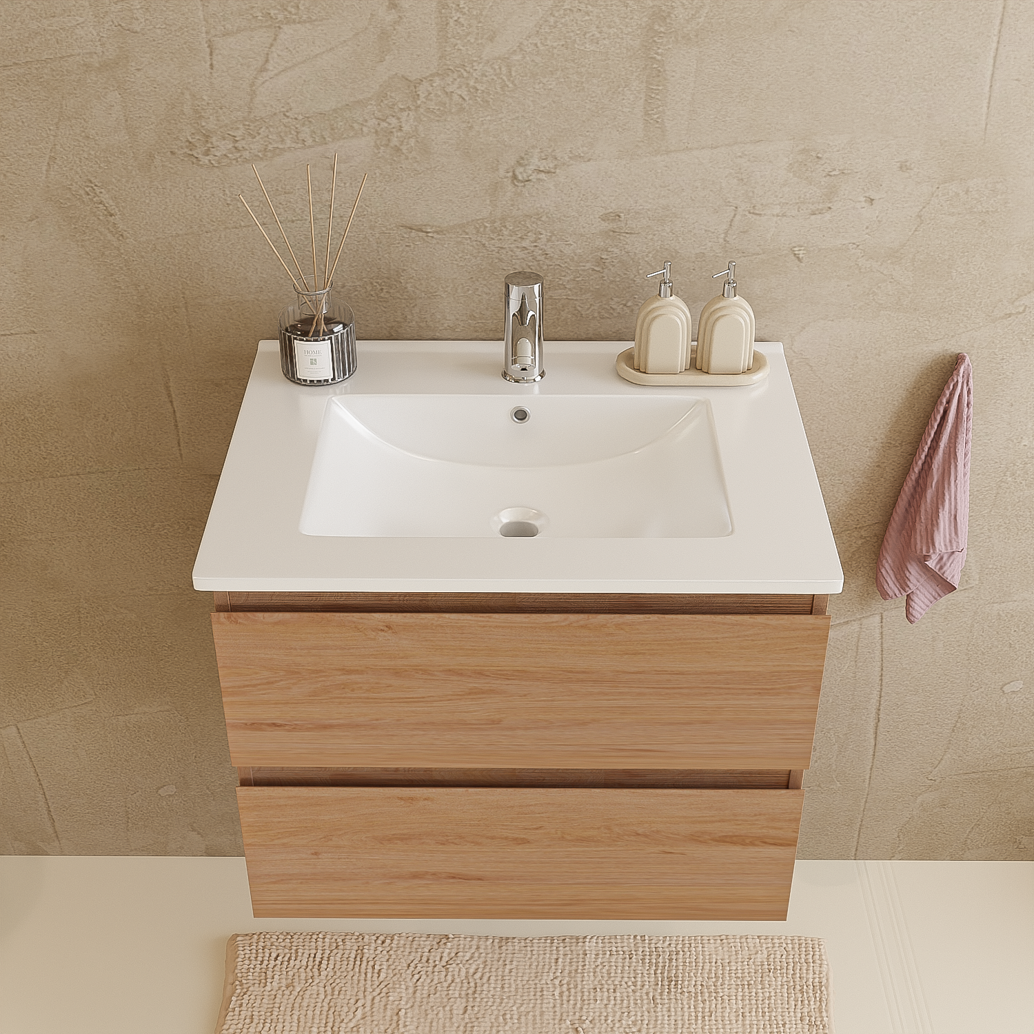 Badmöbelset VERONA 60 cm - Mit Hochschrank - Helles Eichenholz - Waschbecken Weiß