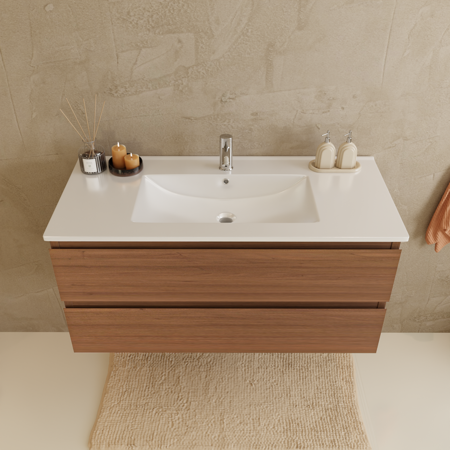 Badmöbelset VERONA 100 cm - Mit Hochschrank - Warmes Eichenholz - Waschbecken Weiß