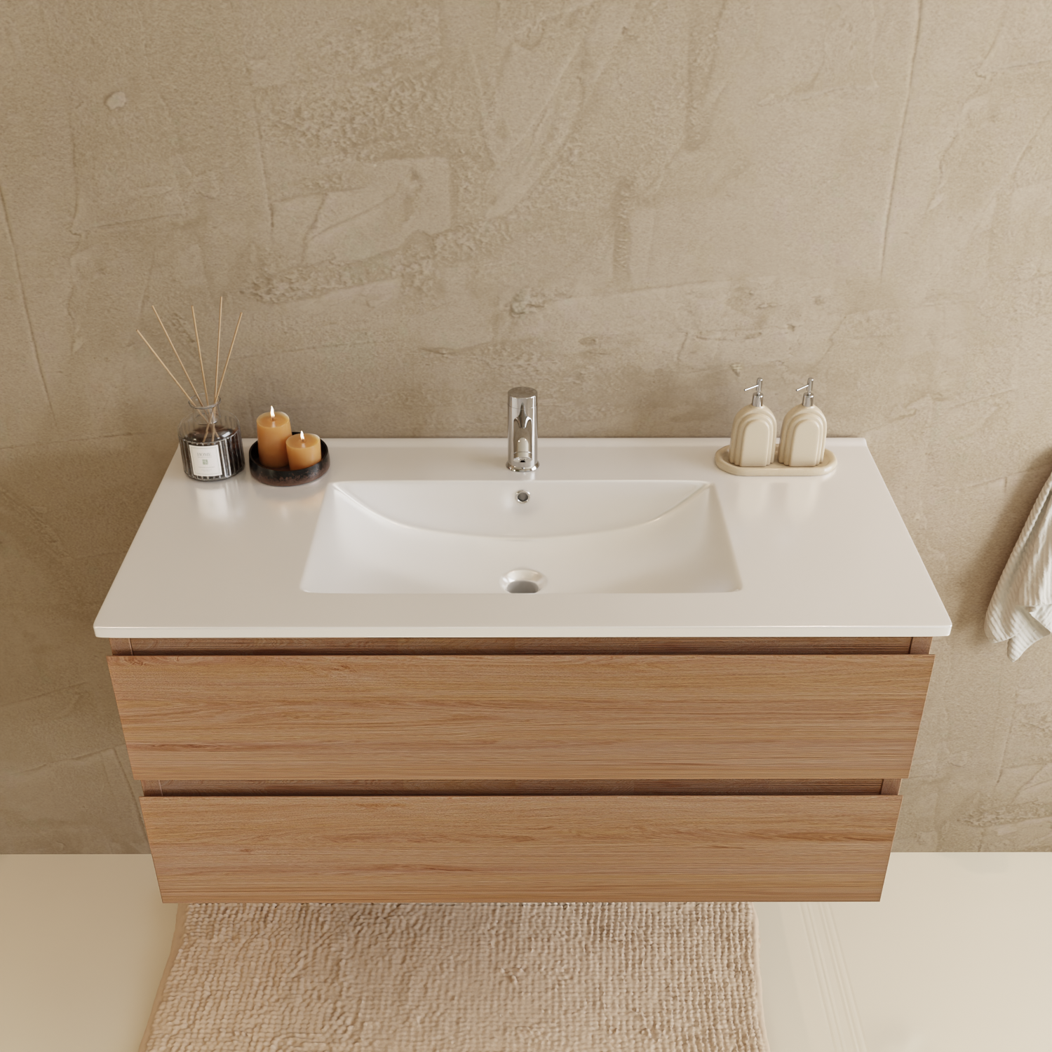 Badmöbelset VERONA 100 cm - Mit Hochschrank - Helles Eichenholz - Waschbecken Weiß