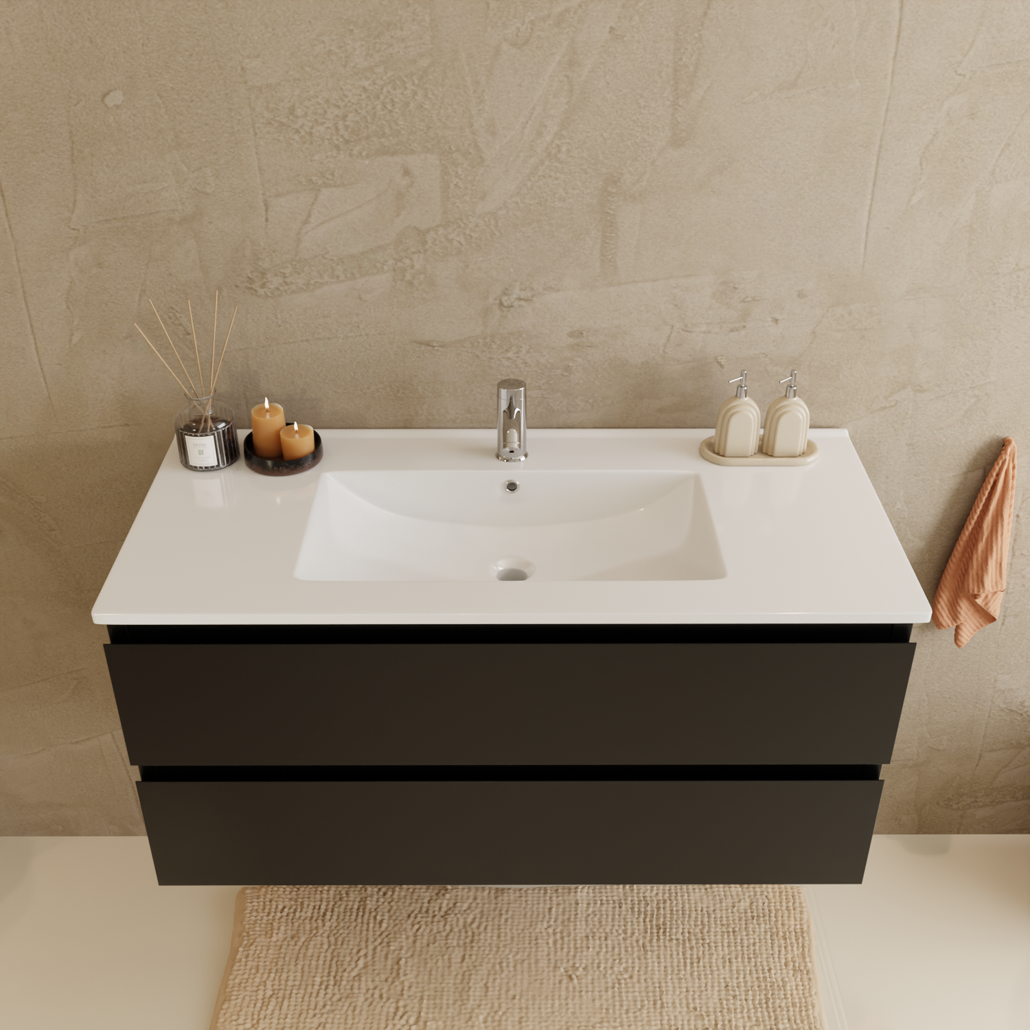 Badmöbelset VERONA 100 cm - Mit Hochschrank - Matt Schwarz - Waschbecken Weiß